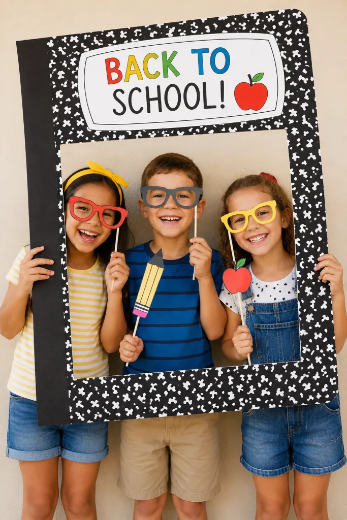 Kids holding a composition-notebook photo frame and paper props on sticks — glasses, pencils, apple shapes — laughing in front of a plain wall