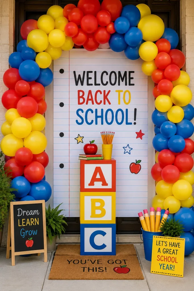 A red, yellow, and blue balloon arch framing a doorway, with a notebook-paper backdrop and ABC letter boxes stacked beneath it