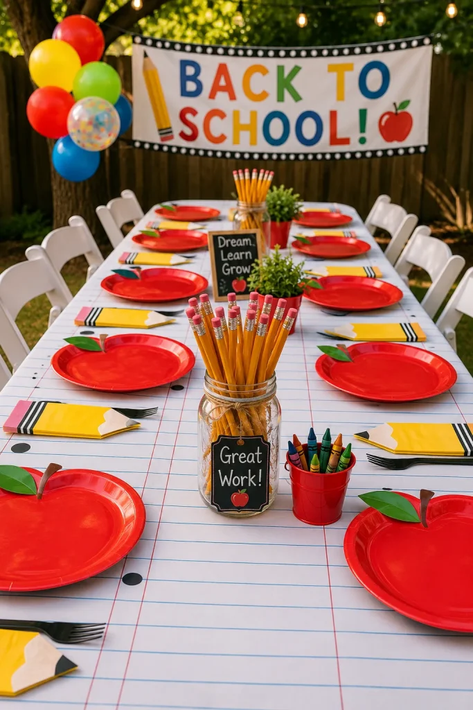 A long party table covered in a notebook-paper print tablecloth with red apple plates, pencil napkins, and a mason jar of sharpened pencils as the centerpiece