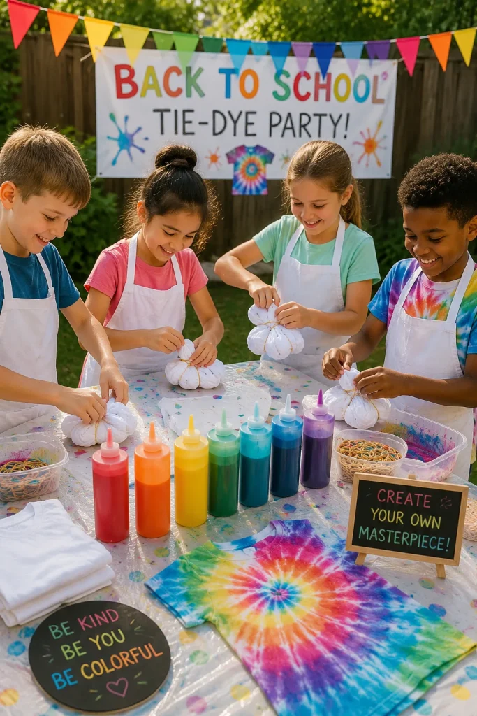 Kids in aprons twisting white t-shirts with rubber bands at an outdoor table covered in plastic, squeeze bottles of dye in rainbow colors