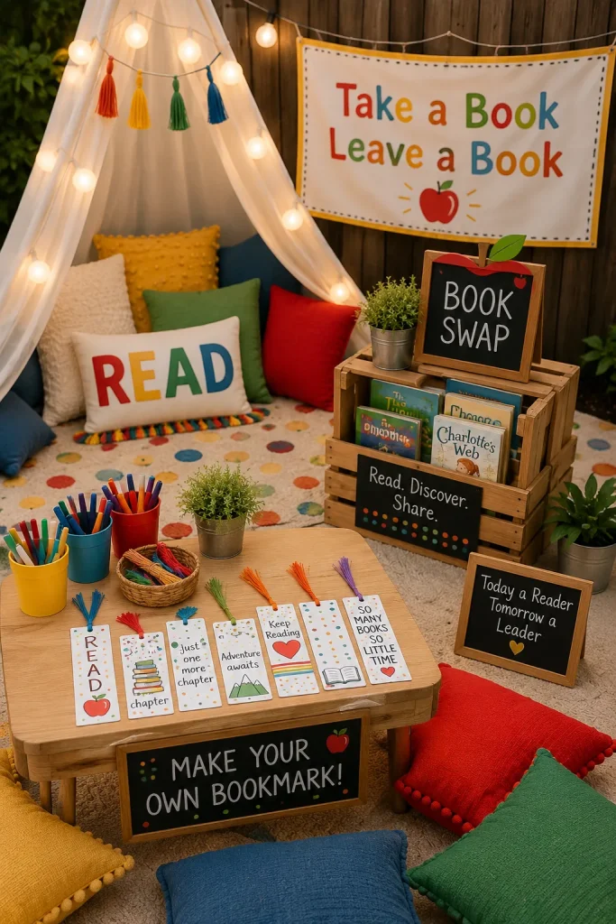 A cozy reading corner with floor pillows, string lights, a crate of books with a "Book Swap" sign, and bookmark-making supplies on a low table