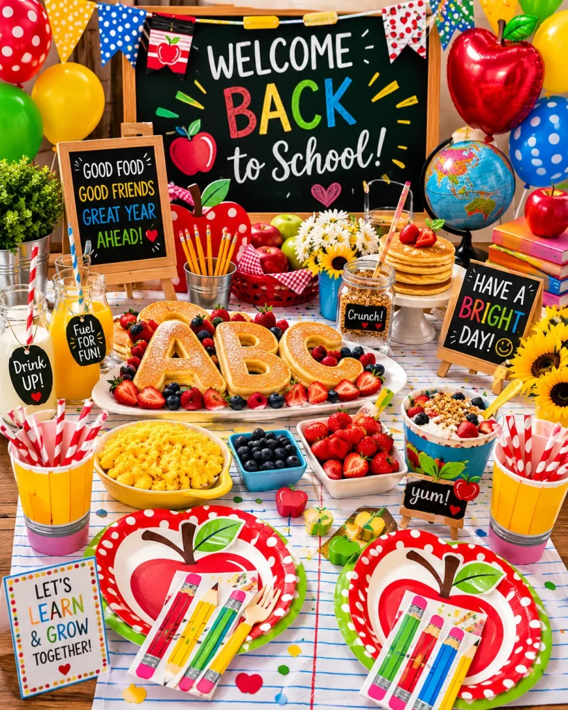 A breakfast table styled like a classroom with apple plates, pencil-print cups, a "Welcome Back" banner, and pancakes shaped like letters