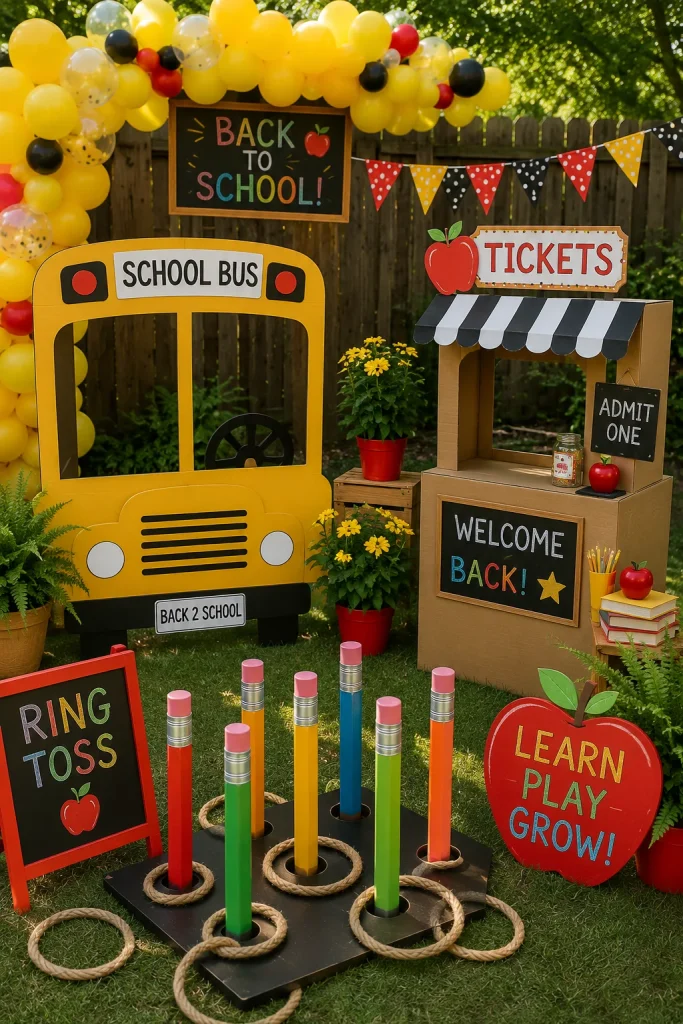 A backyard set up with a yellow balloon garland, a school bus photo prop, ring toss, and a ticket booth made from a cardboard box