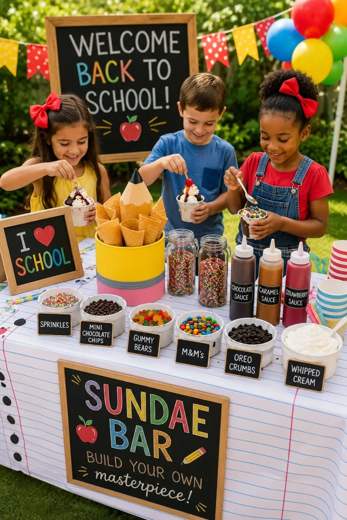 A sundae bar on a picnic table with labeled topping bowls, waffle cones in a jar shaped like a pencil cup, and kids building their own sundaes