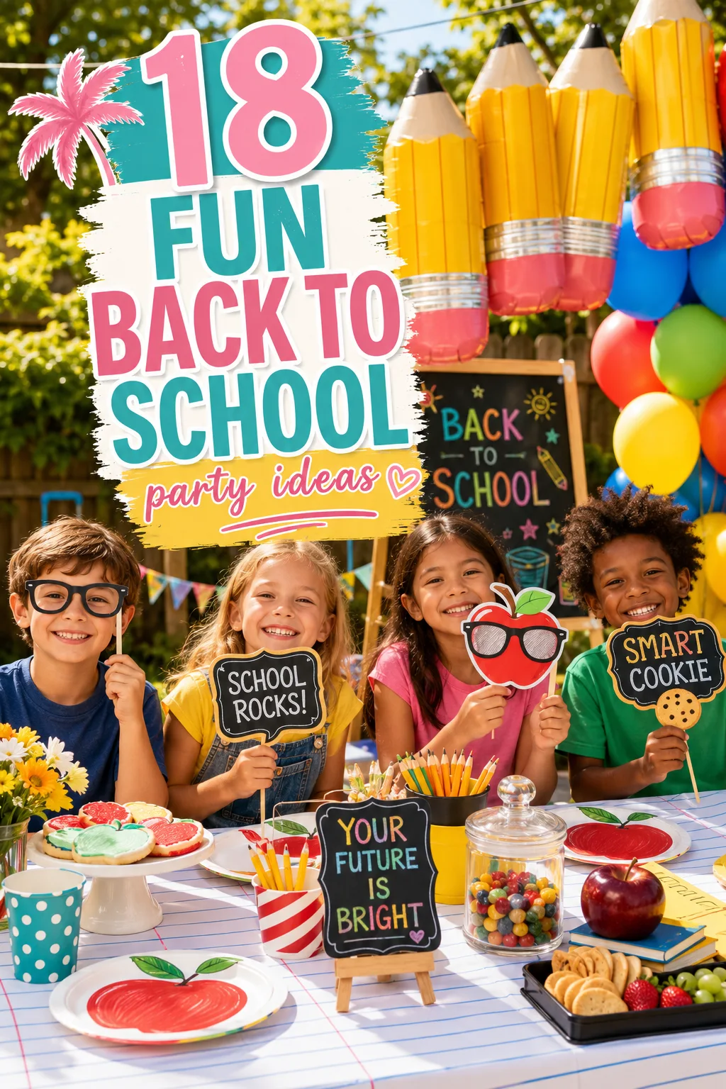 : A bright backyard party table with a notebook-paper tablecloth, apple-print plates, pencil-shaped balloons overhead, and smiling kids holding photo props.