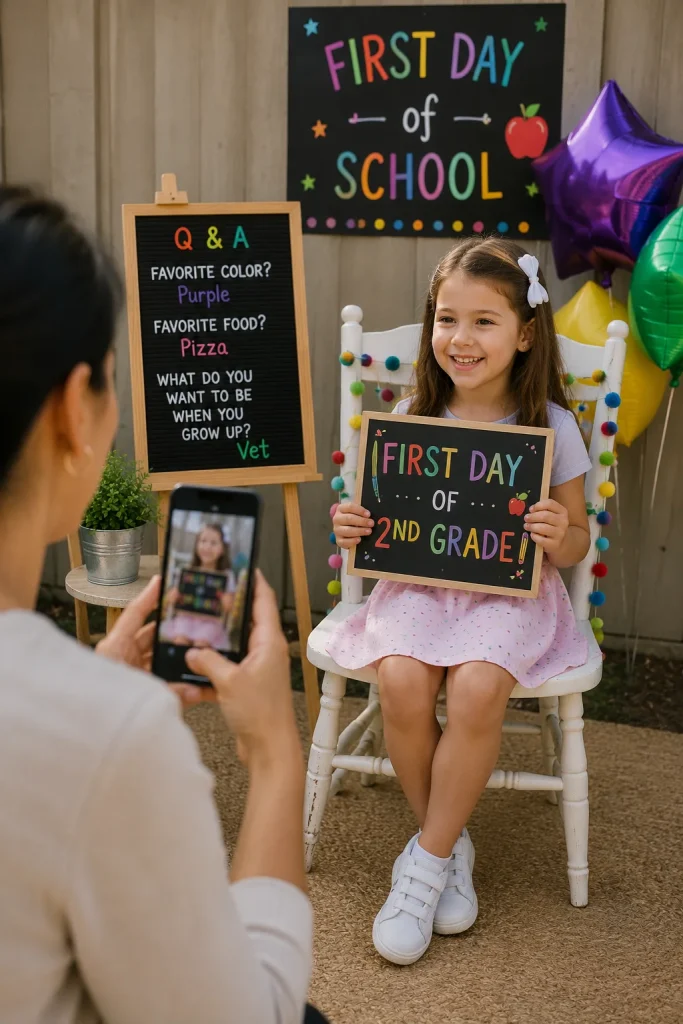 A parent filming a child on a phone as the child sits in a decorated chair holding a "First Day" sign and answering questions