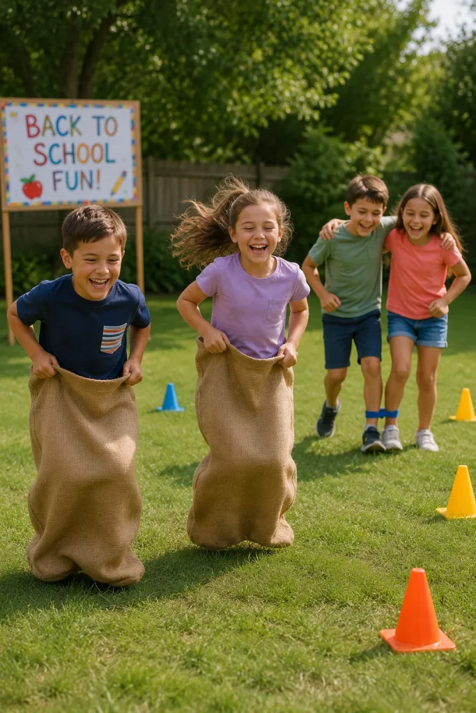 Kids mid-sack-race on a lawn, with a three-legged race pair laughing in the background and cones marking lanes