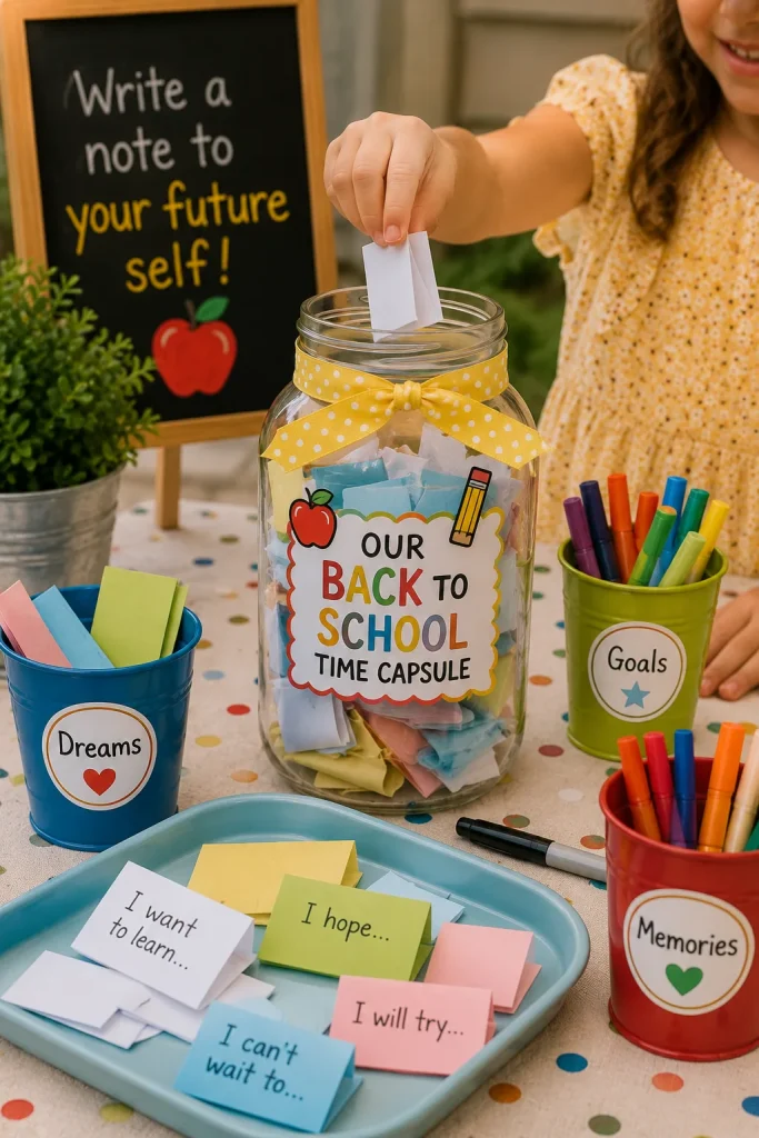 A craft table with jars, paper slips, markers, and a child dropping a folded note into a decorated mason jar
