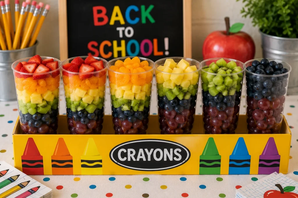 Clear cups filled with layered rainbow fruit — strawberries, oranges, pineapple, kiwi, blueberries, grapes — arranged in a row like a crayon box