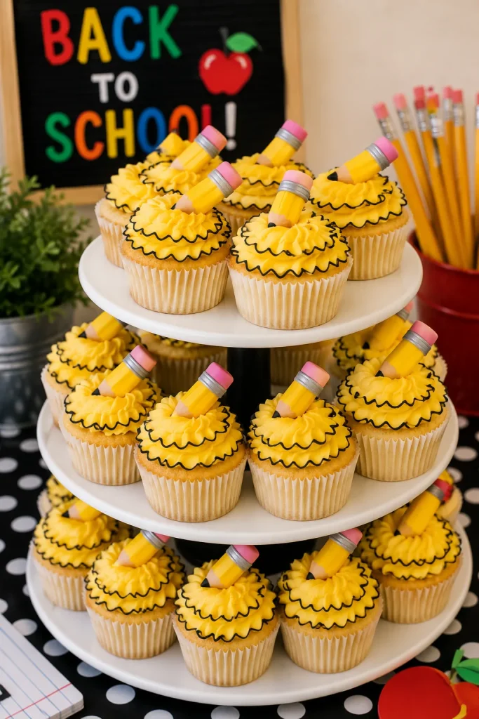 A tiered stand of cupcakes decorated with yellow frosting piped like pencil shavings and mini fondant pencil toppers