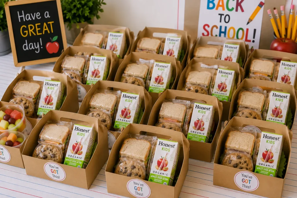 Individual kraft boxes packed like lunchboxes with a mini sandwich, juice box, fruit cup, and cookie, lined up on a table