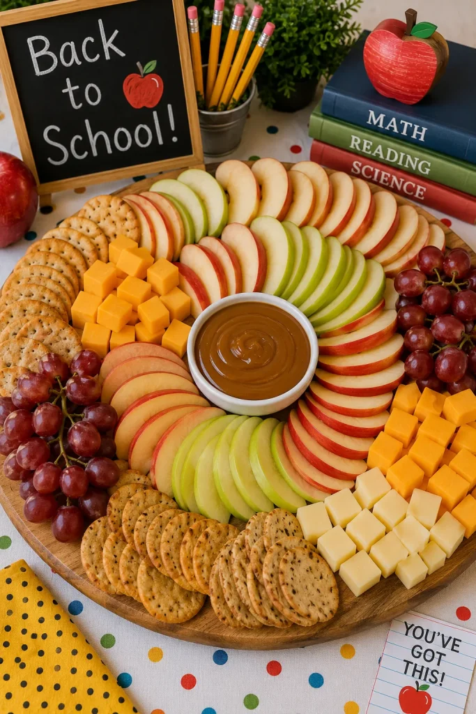 A large wooden board with apple slices arranged in a fan, caramel dip, cheese cubes, crackers, and grapes