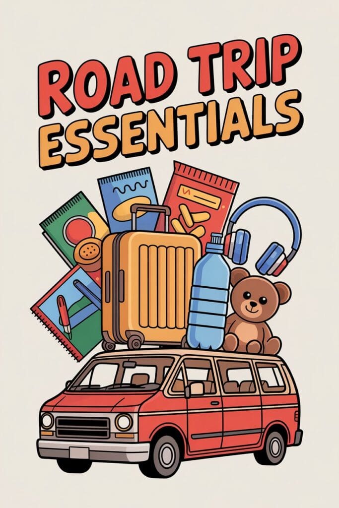 "Cute cartoon graphic displaying a road trip with kids checklist with essentials like snacks, games, and stuffed animals, ideal for organizing road trip essentials for kids."