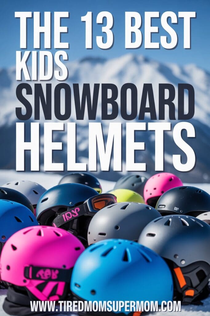 A Pinterest pin graphic showcasing “The 13 Best Kids Snowboard Helmets That Parents Actually Recommend.” The top half features a bold red background with large white text. The bottom half presents a clean white summary table comparing three helmets: Smith Zoom Jr. for overall safety at $60, Giro Launch Plus for best fit and style at $75, and Anon Rime 3 as budget-friendly at $50. Each row includes a link labeled “Shop on Amazon.” The footer includes the website URL tiredmomsupermom.com.
