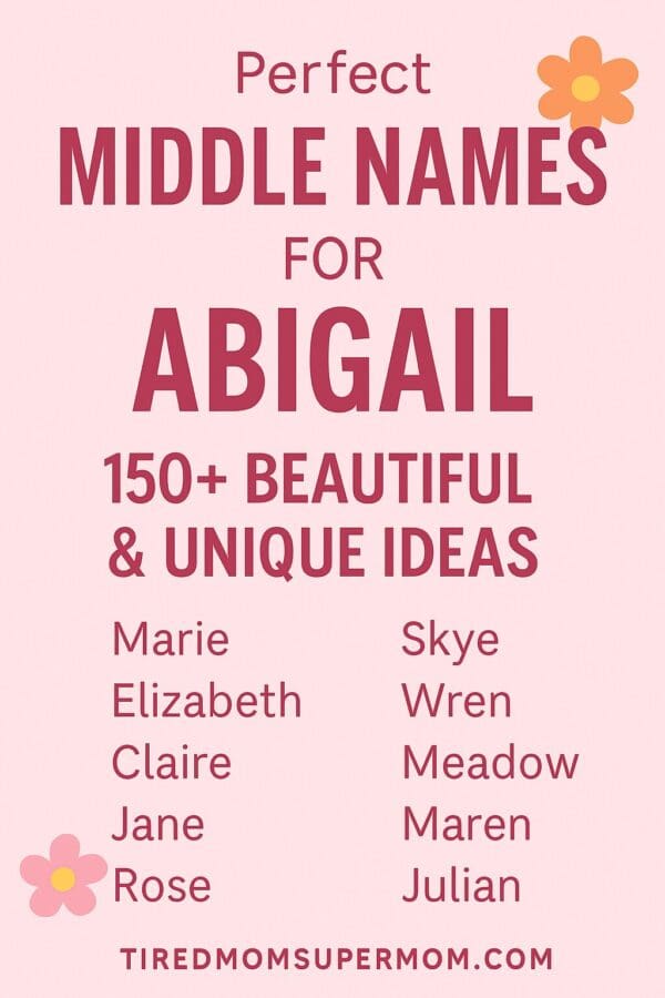 A vertical Pinterest-style graphic with a light pink background and bold dark pink text that reads “Perfect Middle Names for Abigail – 150+ Beautiful & Unique Ideas.” The image features a two-column list with names like Marie, Elizabeth, Claire, Skye, Wren, and Maren. Floral clip art accents the corners, and the website URL “TIREDMOMSUPERMOM.COM” appears at the bottom.