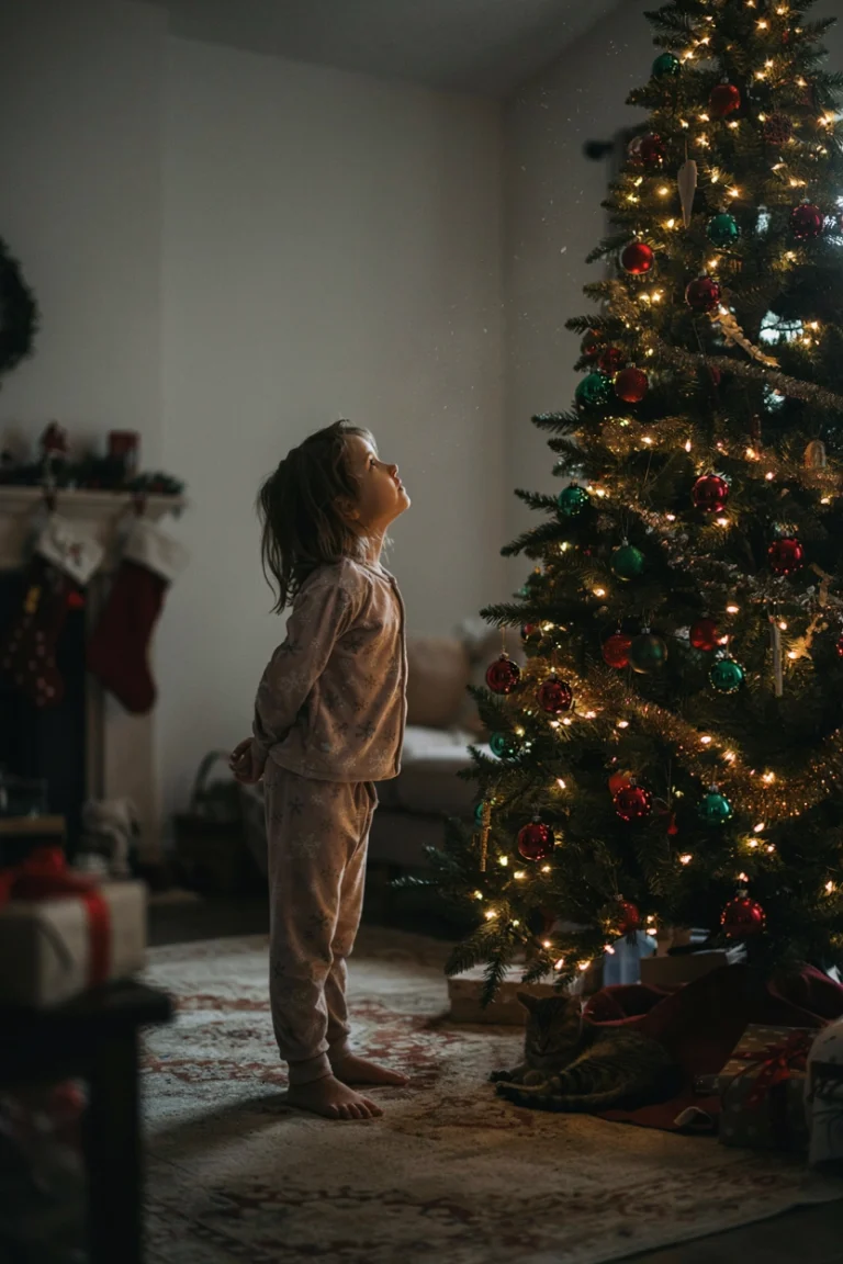 A cozy, softly lit living room with a child in pajamas looking up at a Christmas tree, warm and candid rather than staged.
