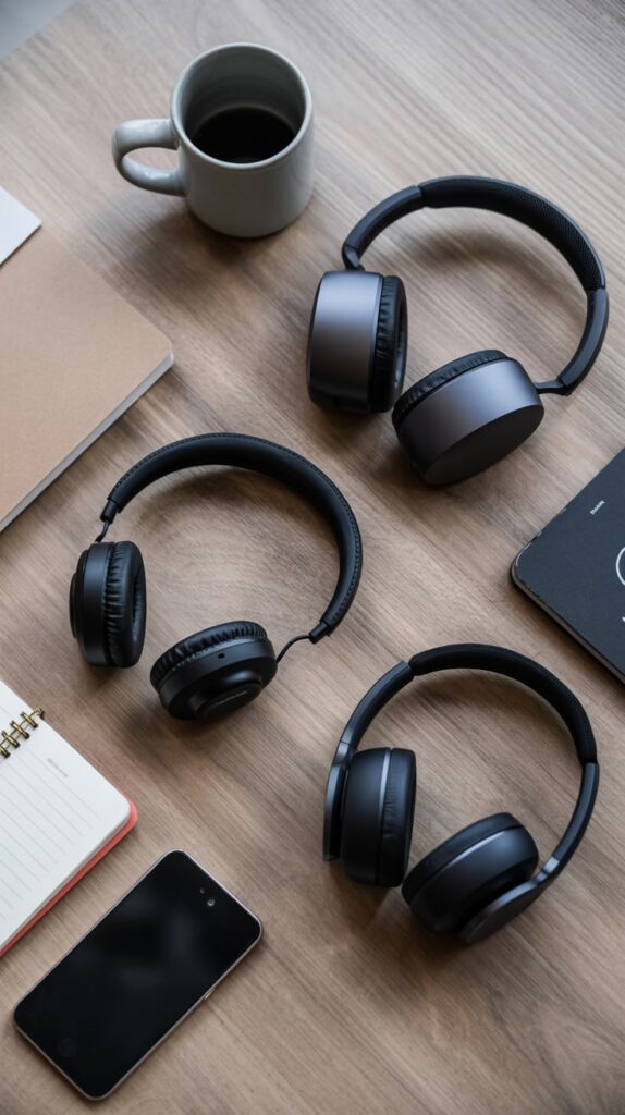 Flat lay of different headphone types on a wooden table beside notebooks and coffee mug.