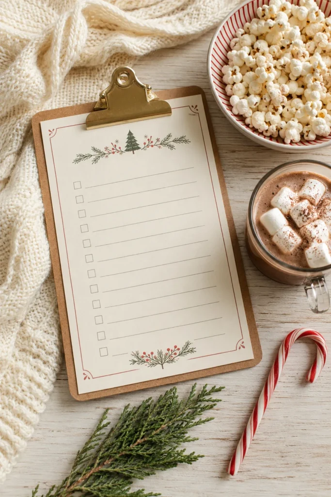 Printable family Christmas movie watchlist tracker styled with hot cocoa and popcorn