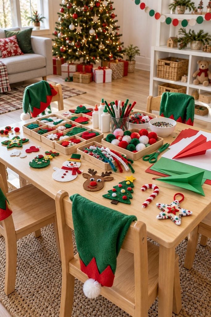 Elf workshop craft table with felt, pom-poms, and glue, a hands-on Christmas party ideas activity