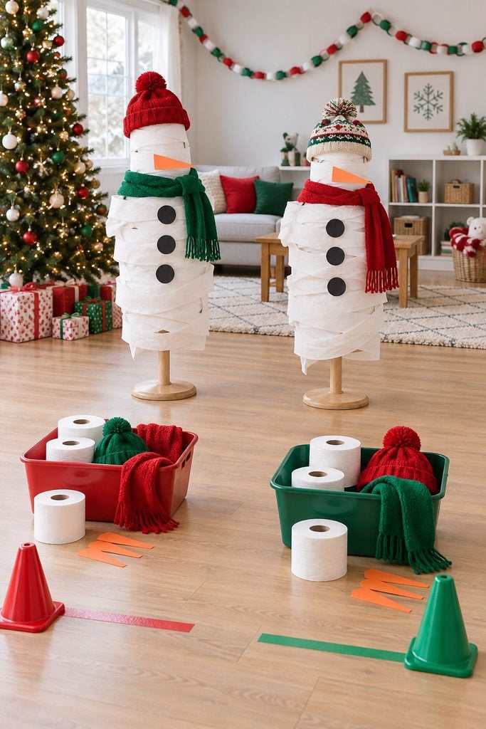 Kids wrapping a teammate in toilet paper to make a snowman, a silly team game for Christmas party ideas