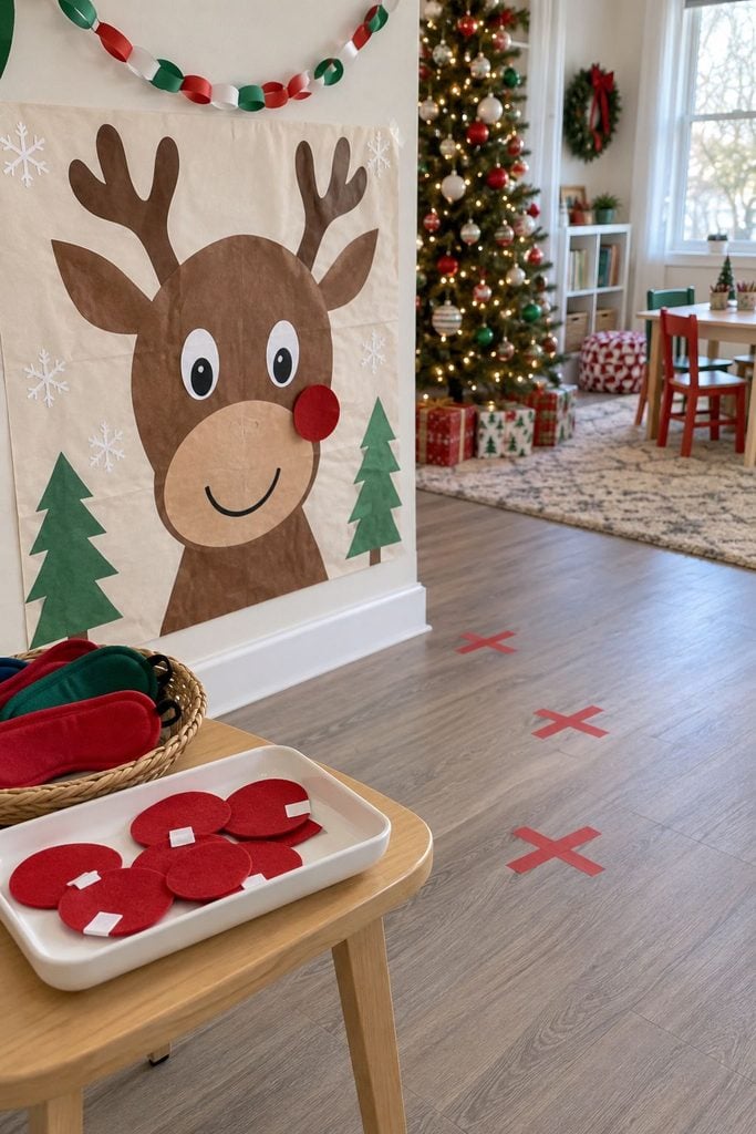 Blindfolded child pinning a red felt nose on a Rudolph poster, a toddler-friendly Christmas party ideas game