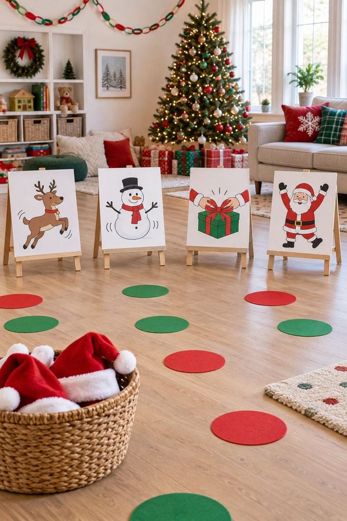Toddlers hopping like reindeer in a game of Santa Says, an easy no-prep Christmas party ideas game