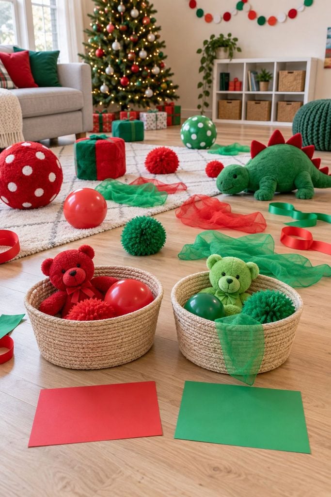 Child collecting red and green items in a basket, a simple Christmas party ideas game for toddlers