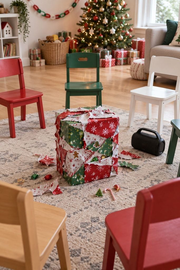 Kids passing a layered wrapped gift in a circle, a classic game for Christmas party ideas