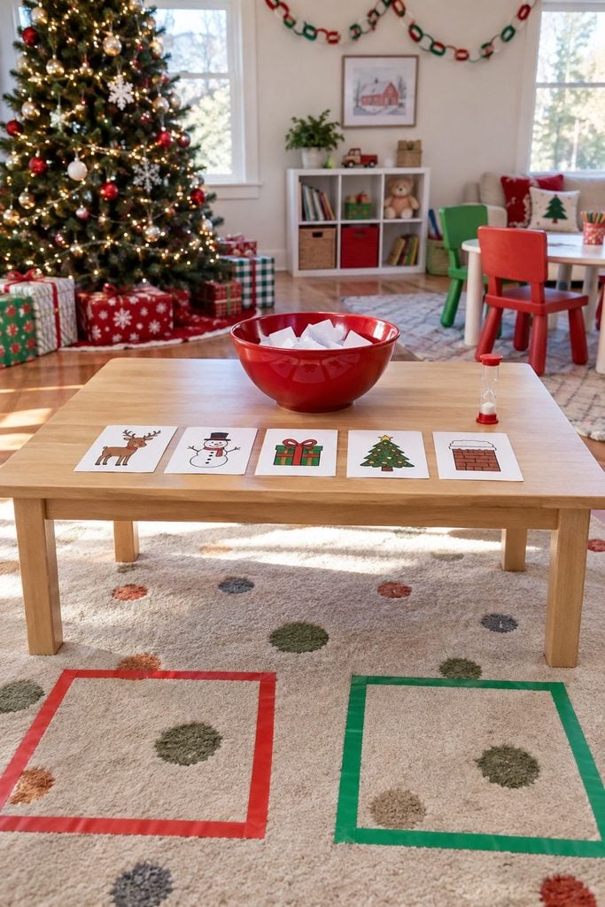 Kids acting out Christmas words in a game of Christmas charades, a free Christmas party ideas game