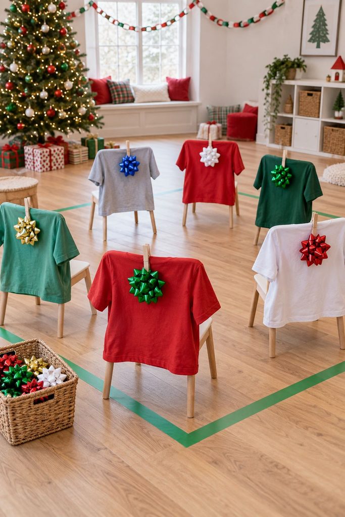 Kids with gift bows clipped to their backs playing tag, a high-energy Christmas party ideas game