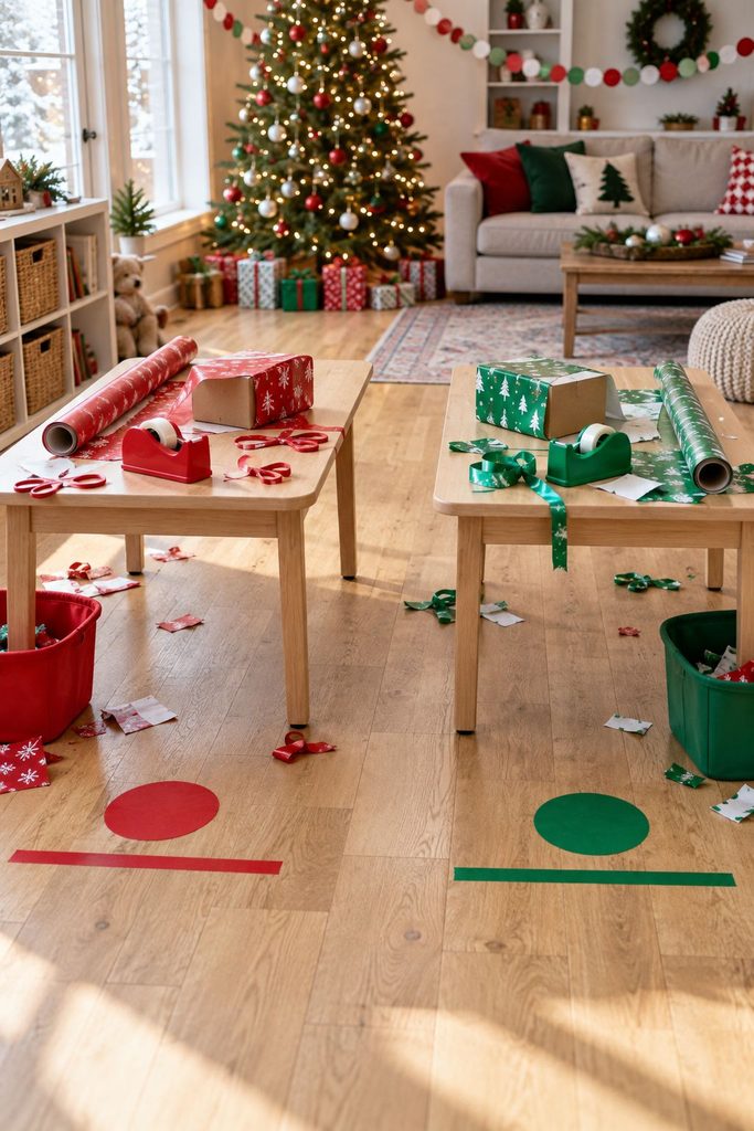 Kids racing to wrap boxes in a gift wrapping relay, a team game for Christmas party ideas