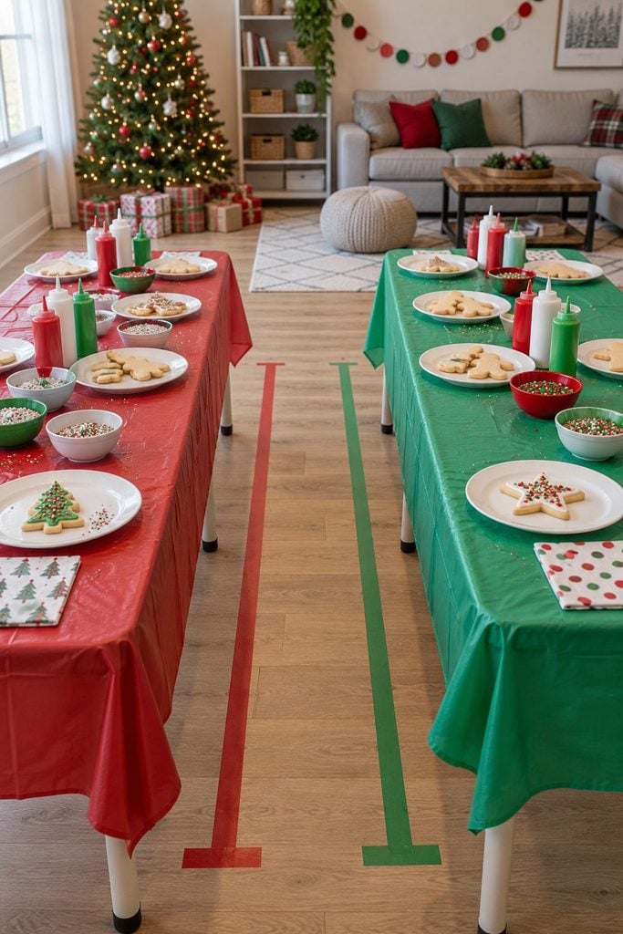 Two teams racing to decorate sugar cookies in a relay, a sweet game for Christmas party ideas