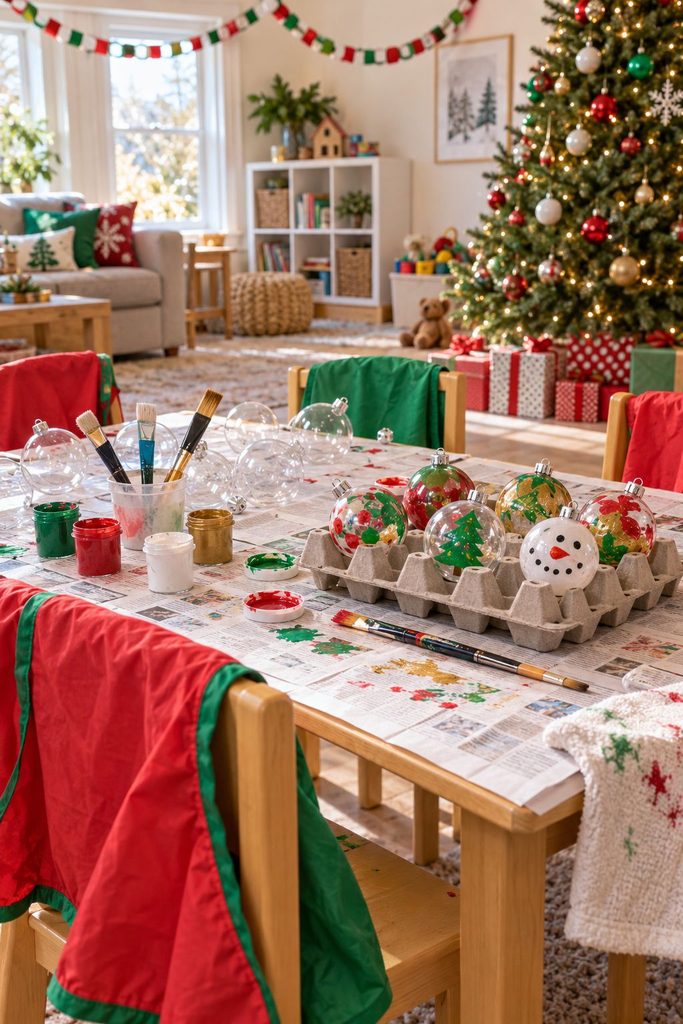 Kids painting clear ornaments at a craft table, a keepsake activity for Christmas party ideas