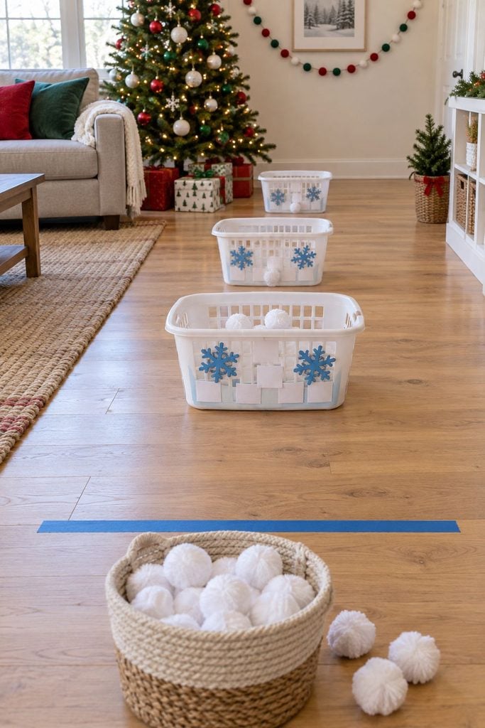 White pom-pom snowballs tossed into laundry baskets, an indoor game for kids’ Christmas party ideas