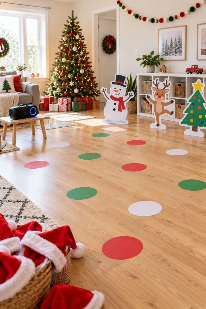 Kids freezing mid-dance like snowmen during a Christmas freeze dance, a no-prep Christmas party ideas game