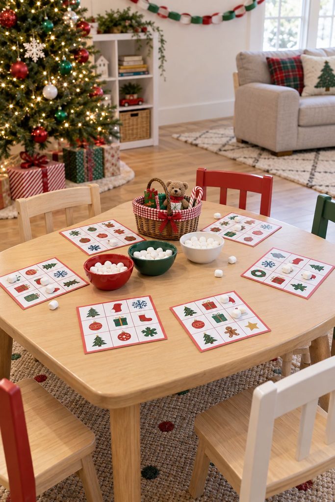 Kids playing Christmas bingo with candy markers, a great classroom game for Christmas party ideas