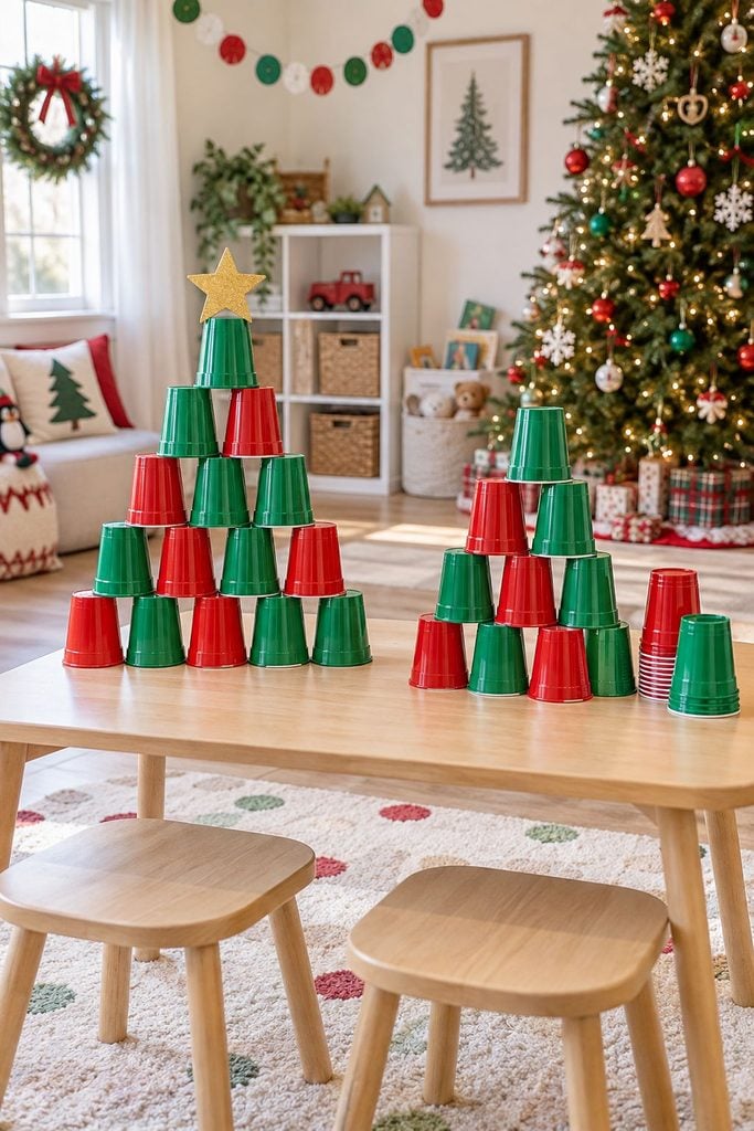 Kids racing to stack red and green cups into a tree, a quick Christmas party ideas game
