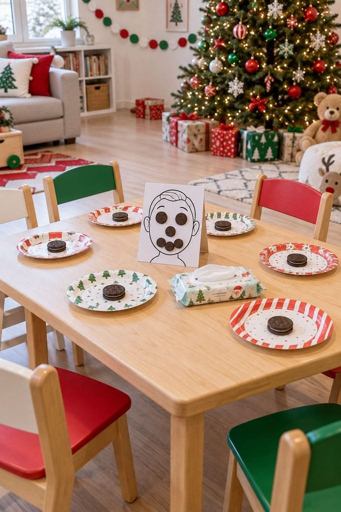 Cookie face game with a kid moving an Oreo from forehead to mouth, a silly Christmas party ideas challenge