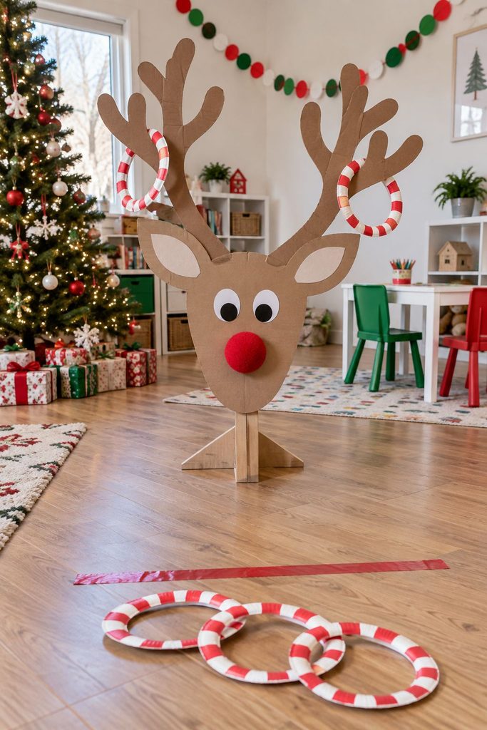 Cardboard reindeer head with antlers and kids tossing rings, an easy DIY game for Christmas party ideas