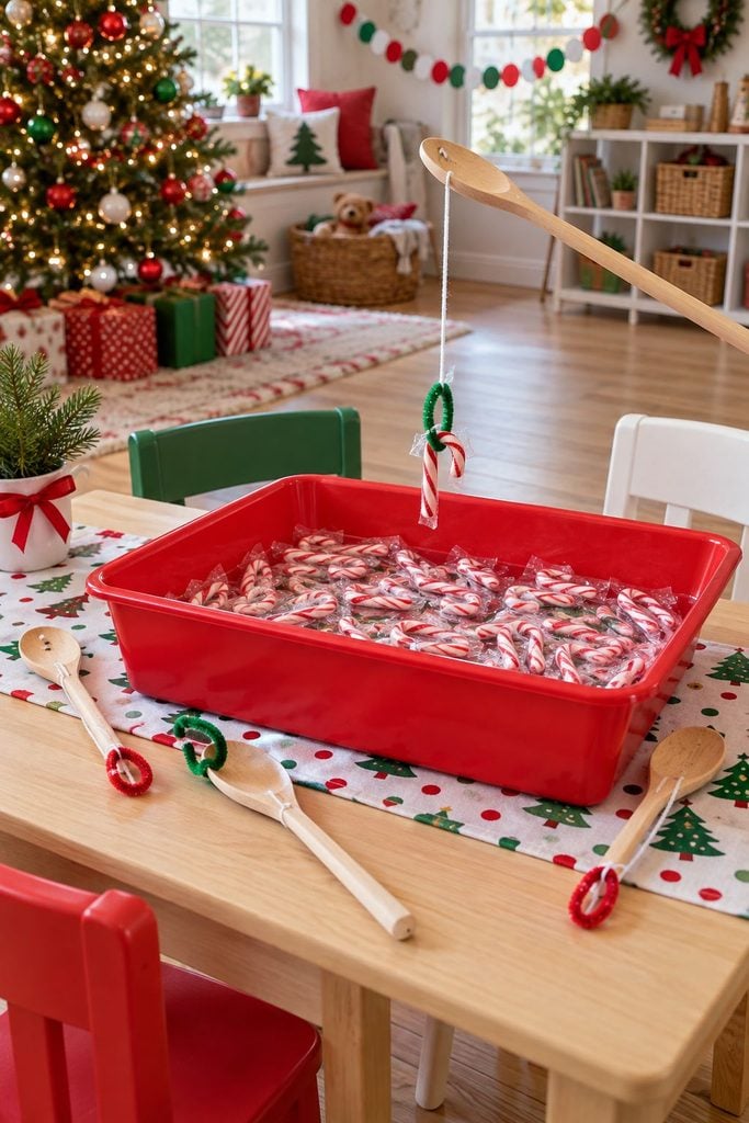 Kids fishing for candy canes with string and dowel rods, a cute game for Christmas party ideas