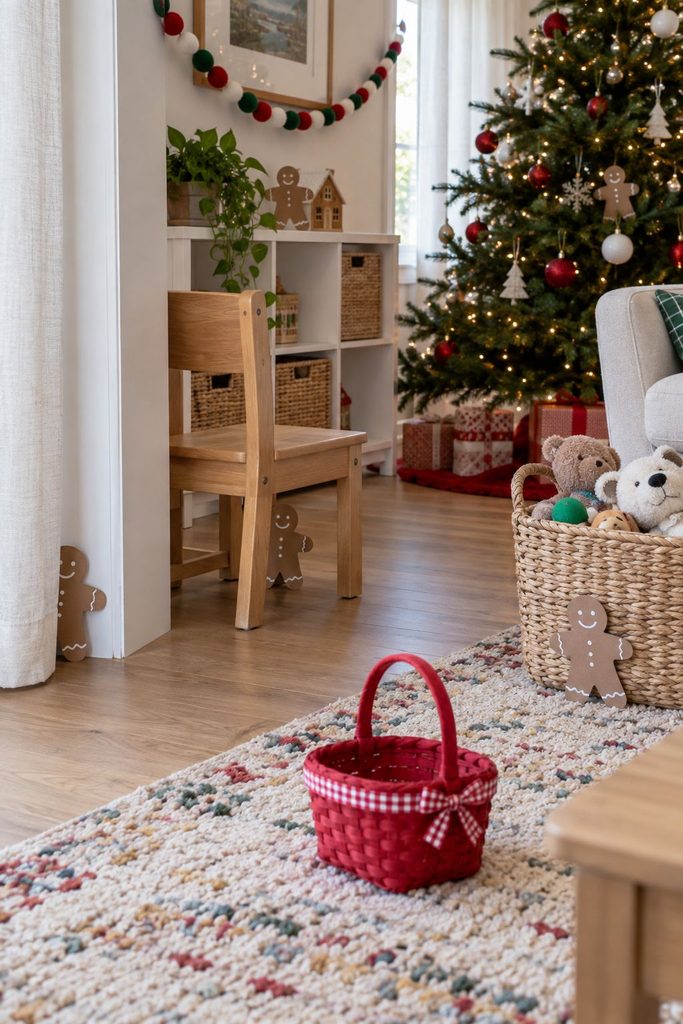 Paper gingerbread men hidden around a room for a kids’ scavenger hunt, one of the best Christmas party ideas