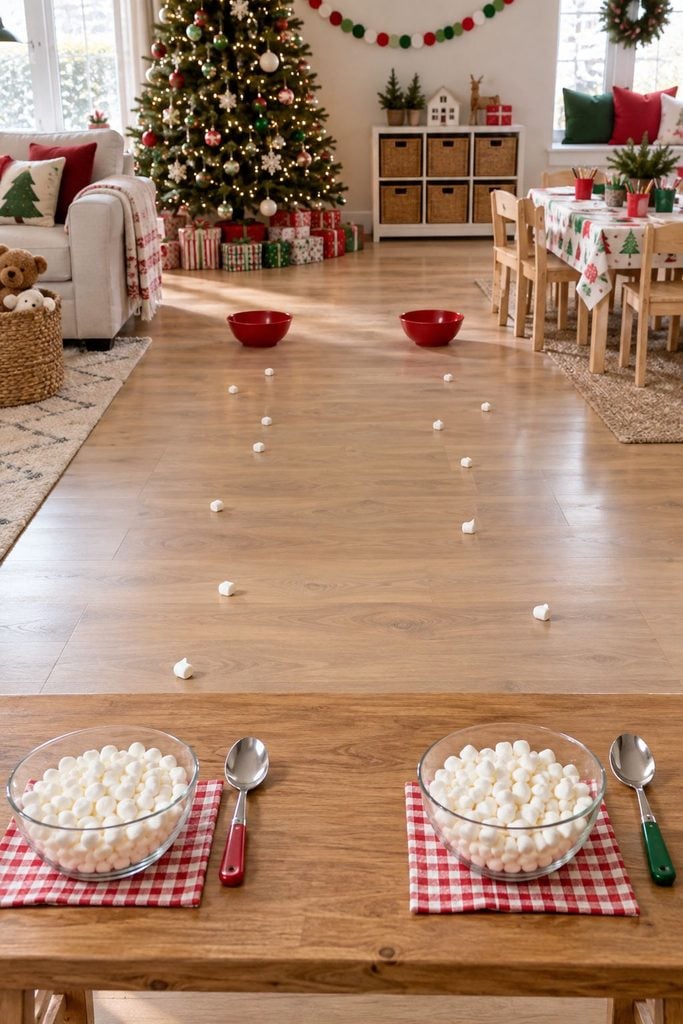 Marshmallow snowball scoop game with spoons and bowls, one of the easiest Christmas party ideas for kids