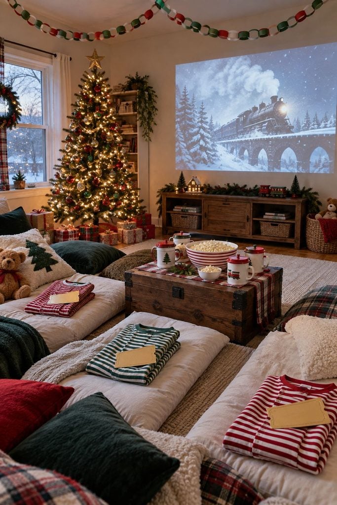Cozy Polar Express movie night with blankets and hot cocoa, a relaxing Christmas party ideas theme