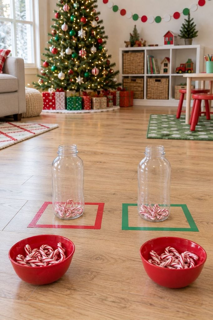 Candy cane drop game with a bottle and mini candy canes, a simple Christmas party ideas favorite