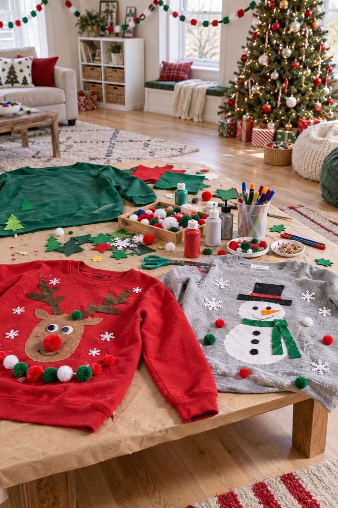 Kids decorating plain sweatshirts into ugly Christmas sweaters, a fun craft for Christmas party ideas