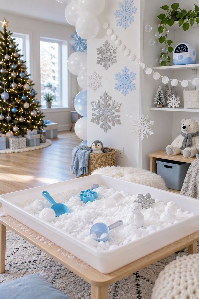 Living room decorated as a winter wonderland with fake snow, a magical Christmas party ideas theme