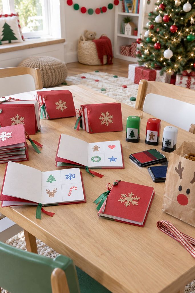 Handmade North Pole passport with activity stamps, a favor and game tracker for Christmas party ideas
