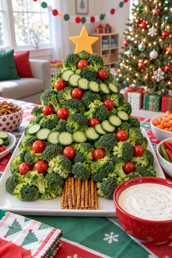 Broccoli Christmas tree veggie platter with cherry tomato ornaments, a healthy Christmas party ideas snack