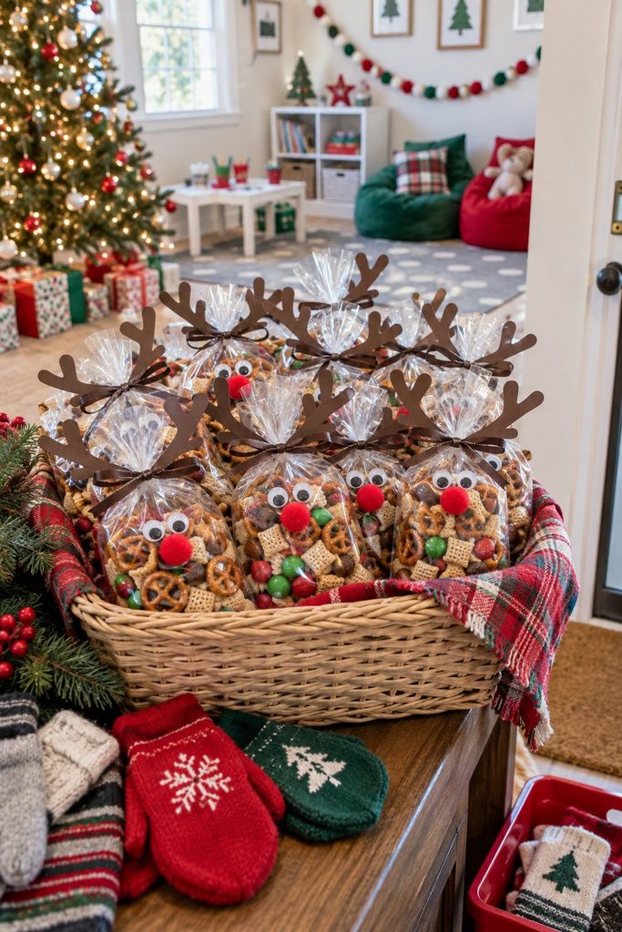 Reindeer snack mix bags with googly eyes and red noses, a party favor idea for Christmas party ideas