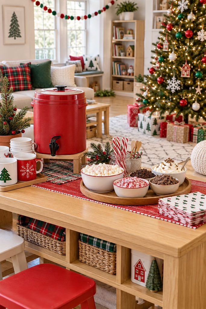 Hot cocoa bar with mugs, marshmallows, and toppings, an easy addition to Christmas party ideas for kids